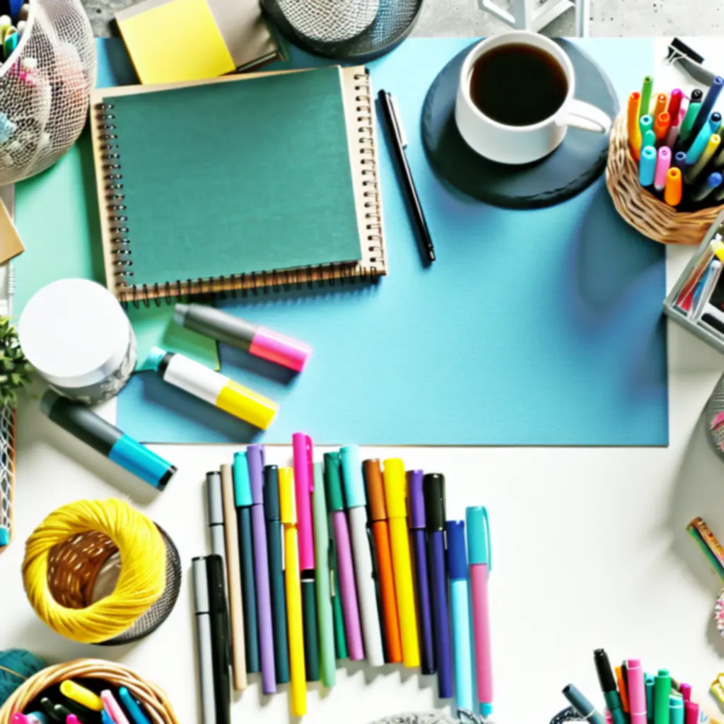Művész asztal markerekkel, sketchbookkal és alkotó eszközökkel