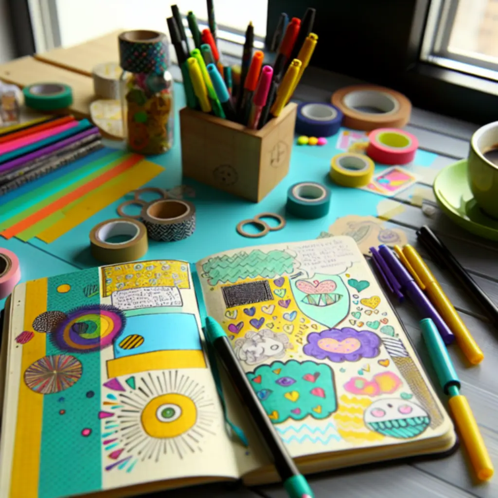 Kreatív íróasztal nyitott naplóval, tollakkal és washi tape-pel