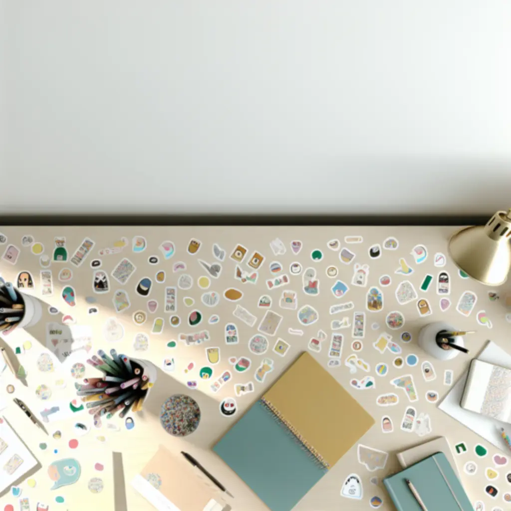 Színes matricák egy vidám, kreatív munkafelületen szétszórva, különböző formákkal és mintákkal.