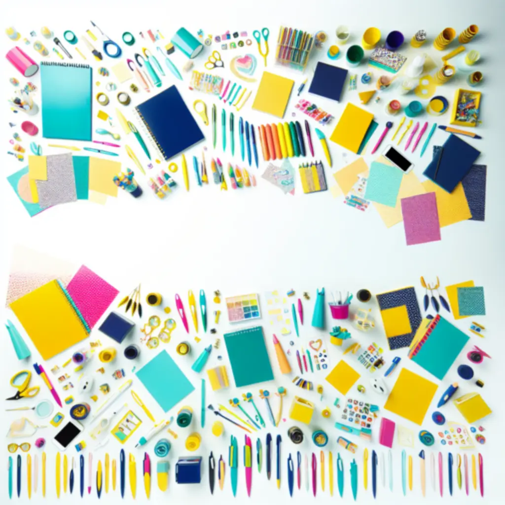 Színes jegyzetfüzetek, tollak és matricák játékos elrendezésben – Stacioona kiemelt kollekciók