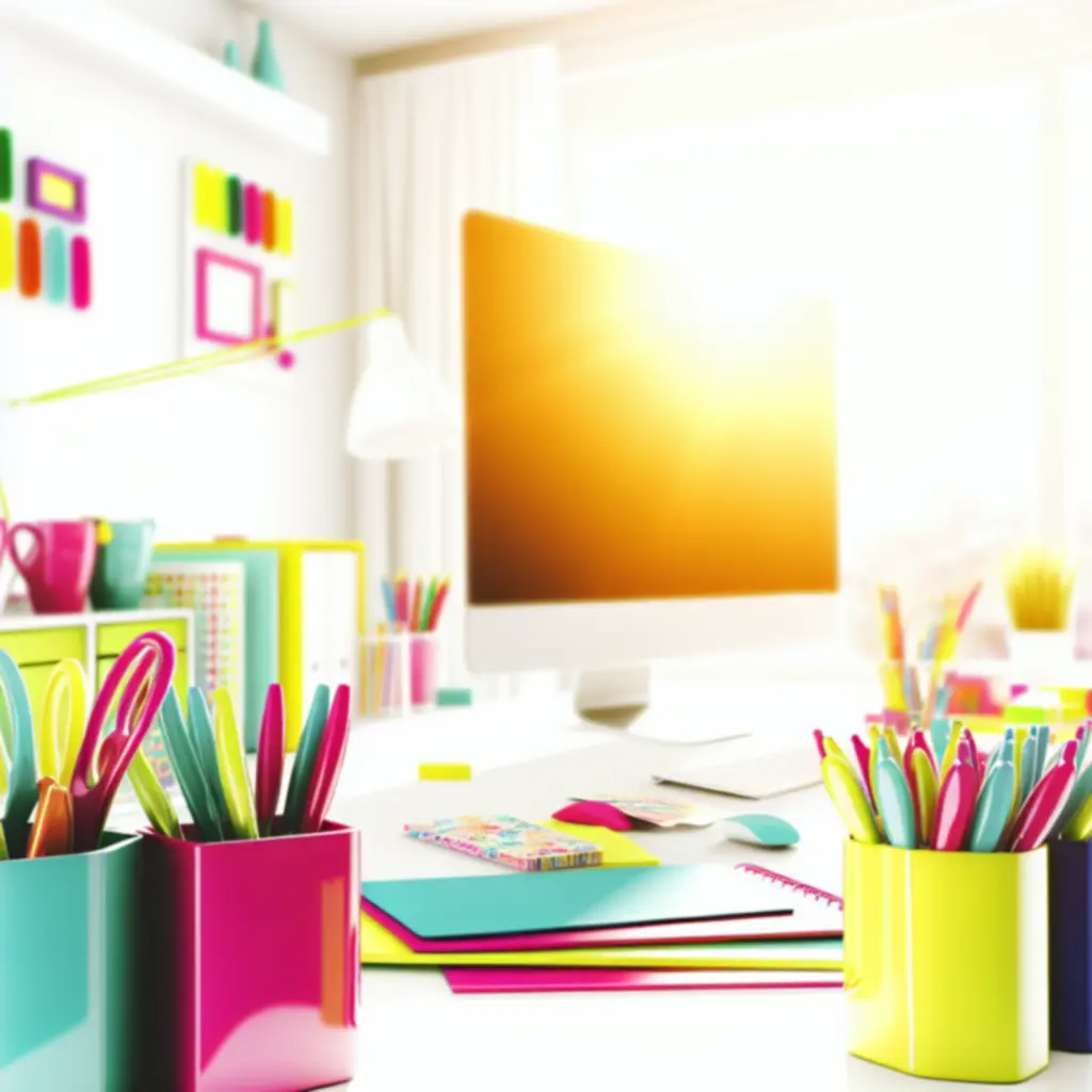 Színes írószerek: tollak, markerek, jegyzetfüzetek egy vidám, rendezett asztalon.