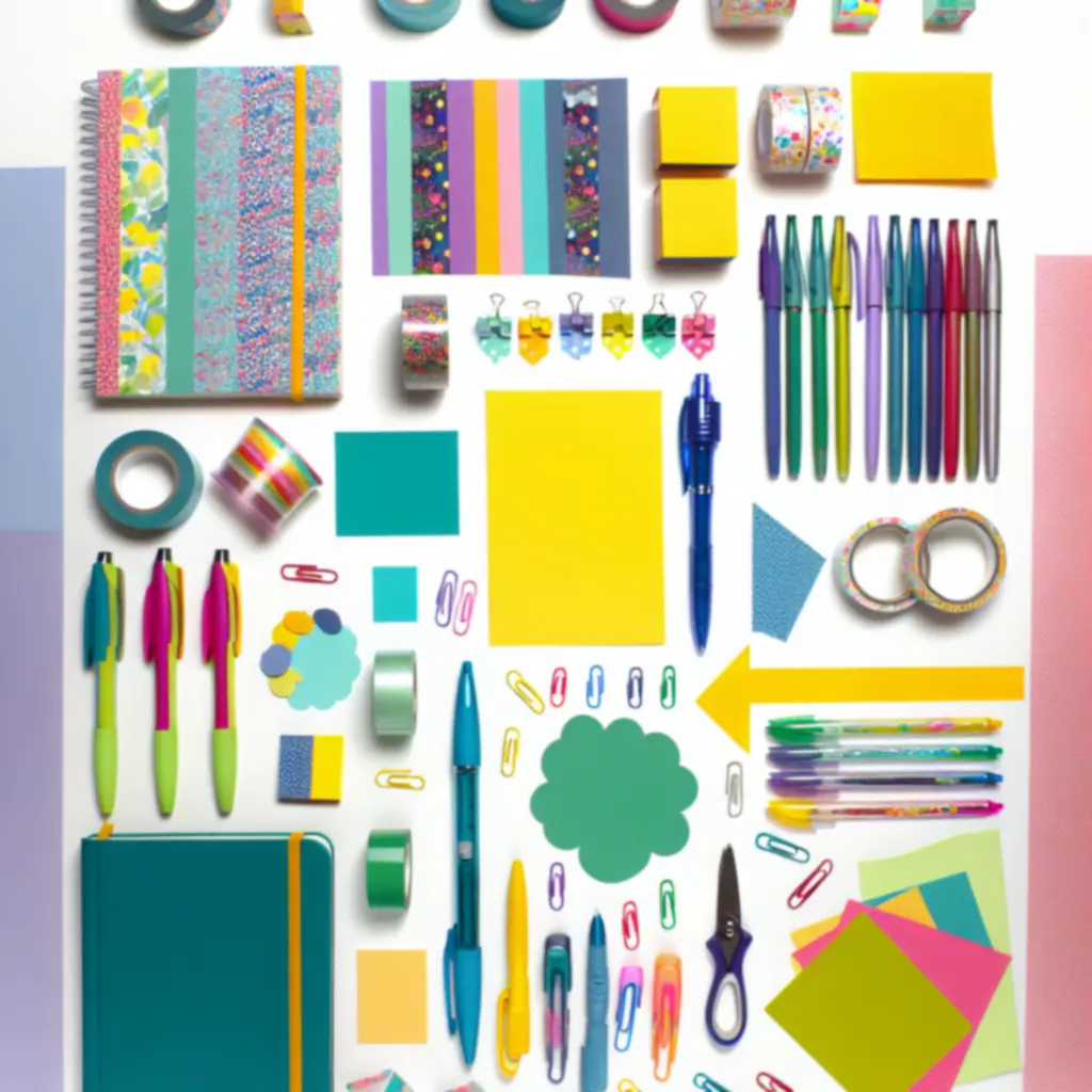 Mood‑board: színes tollak, matricák és naplók inspiráló elrendezésben.
