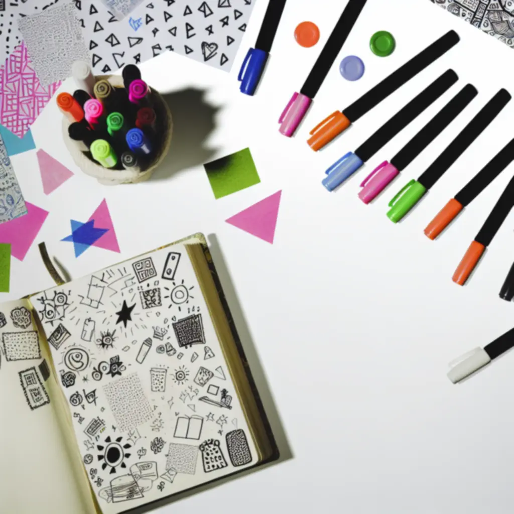 Mood board: élénk sárga, türkiz és magenta tónusú papír-írószer kompozíciók