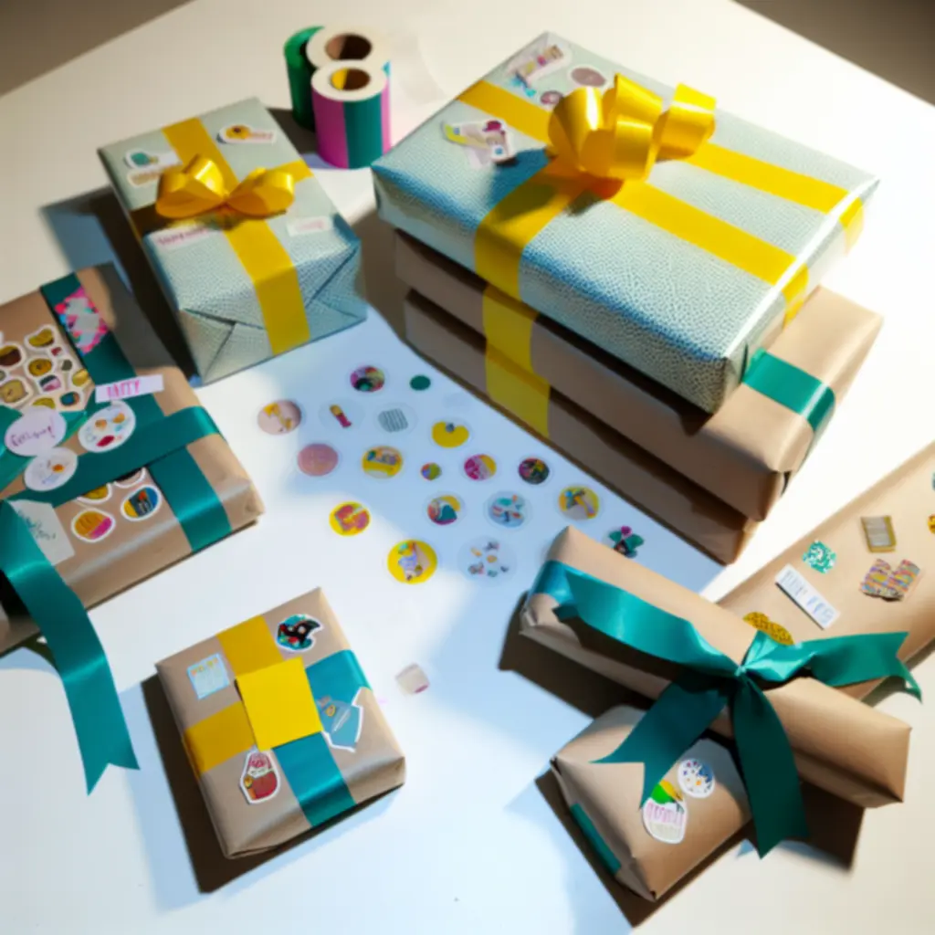 Gondosan becsomagolt matricás ajándék, színes kiegészítőkkel és szalaggal.