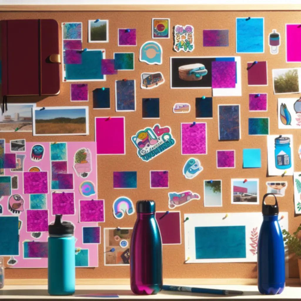 Mood board stílusú összeállítás, matricák kreatív felhasználásával naplókban, laptopokon és palackokon.