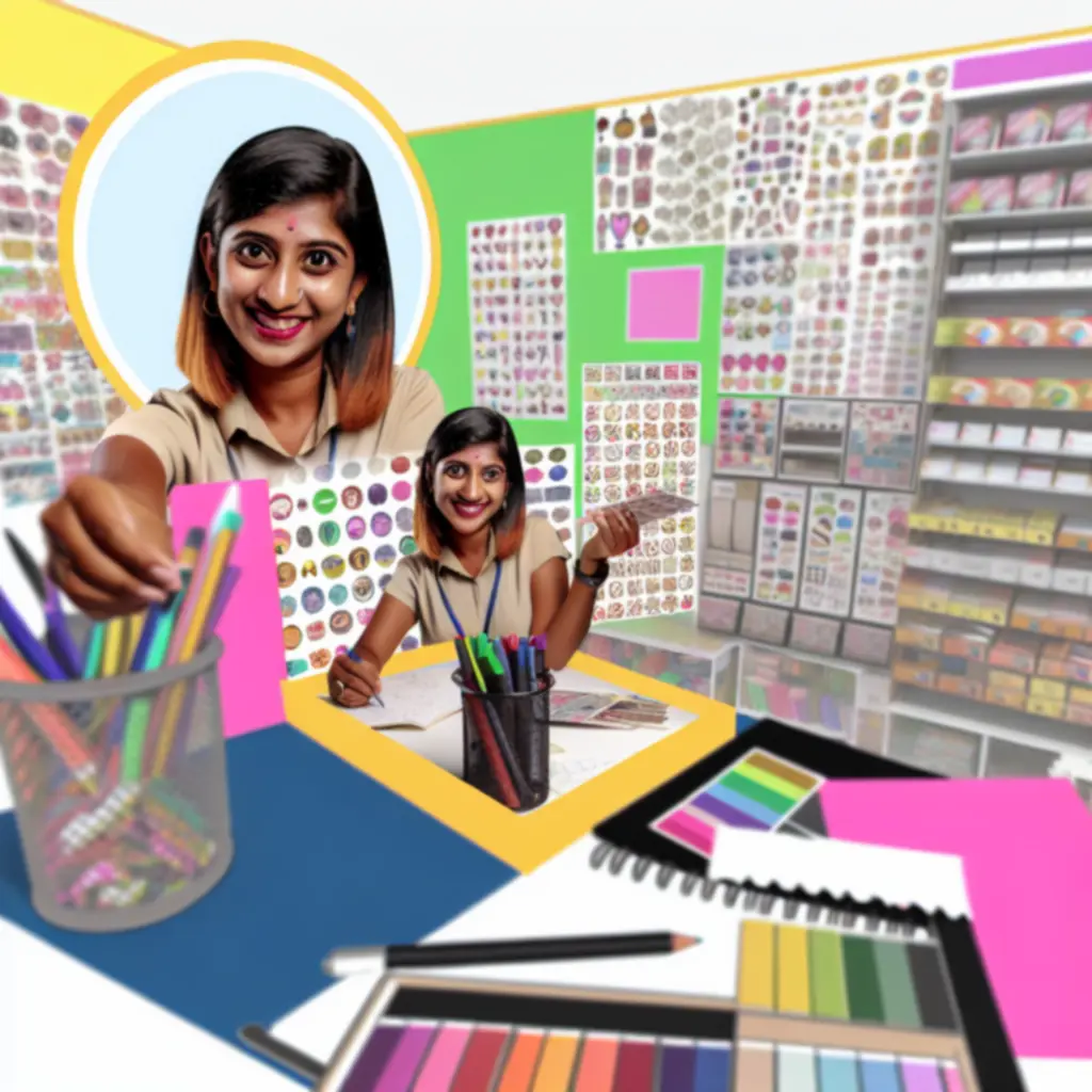 Stáb által kiválasztott matricák egy kreatív munkaasztalon, művészi hangulatban.